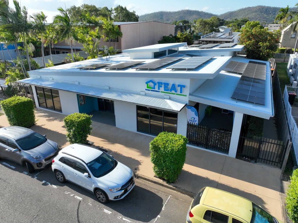 Aerial drone view of the Family Emergency Accommodation Townsville (FEAT) building and surrounding grounds.